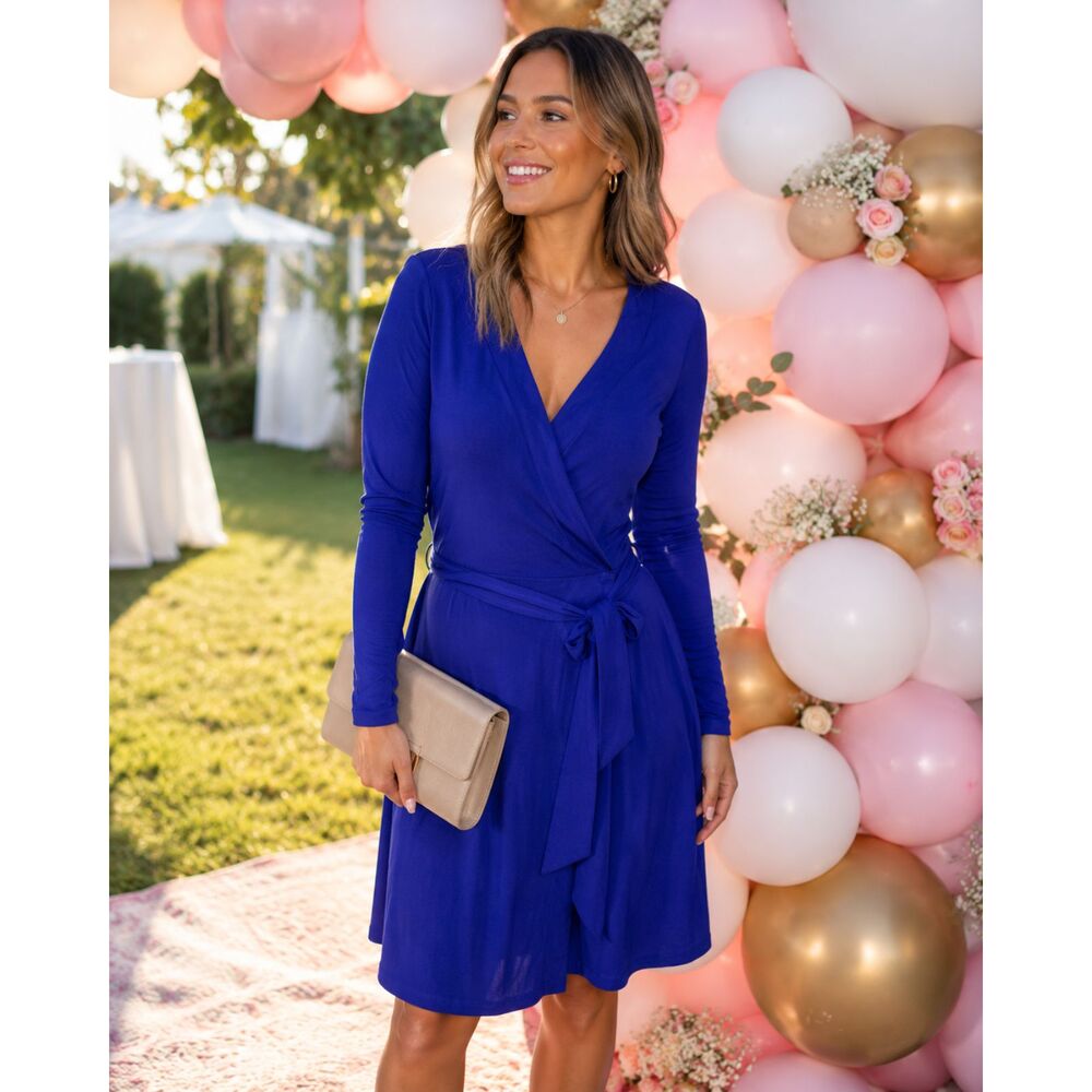 Royal Blue Calvin Klein Knee Length Wrap Dress Small Stretchy Elegant Chic